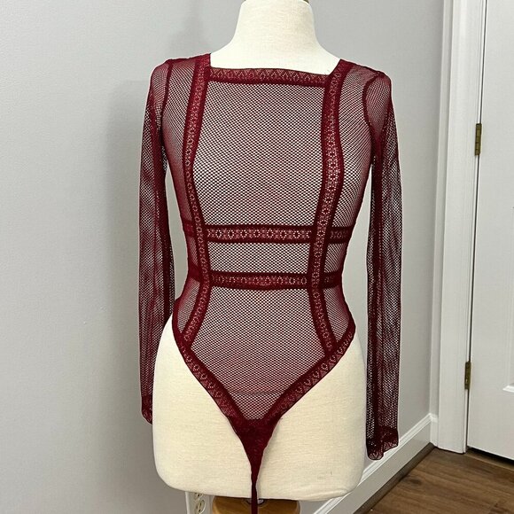 VICTORIA SECRET Burgundy Fishnet Thong Mesh Bodysuit Sz S - Picture 2 of 11